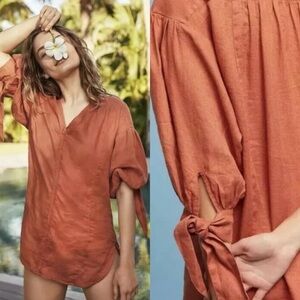 Anthropologie Holding Horses Linen Tunic Top Size S Tie Sleeves Beachy Boho